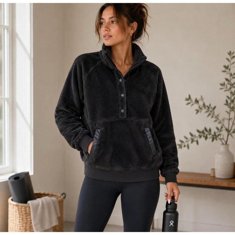Womens Athleta Recover Cozy Black Half Snap Front Pocket Pullover Sweatshirt Top